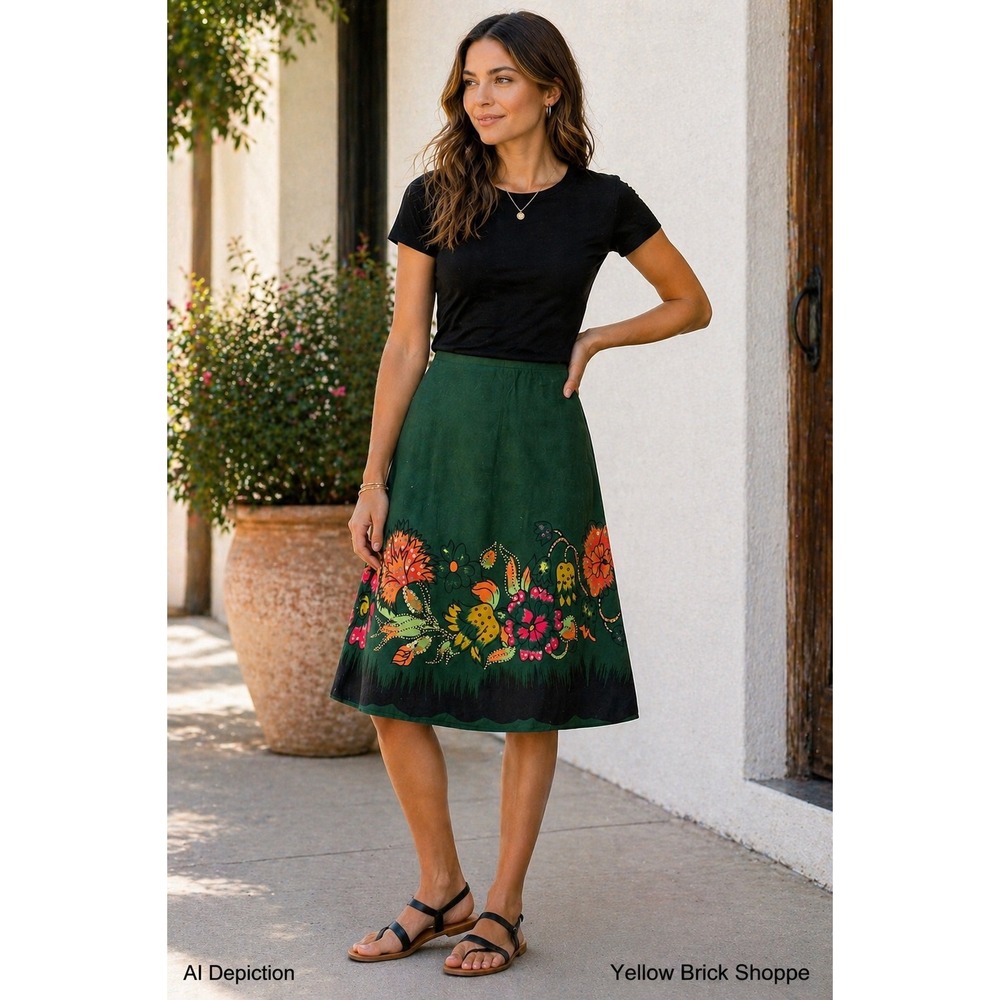 Lapis Green Midi Skirt with Floral Border